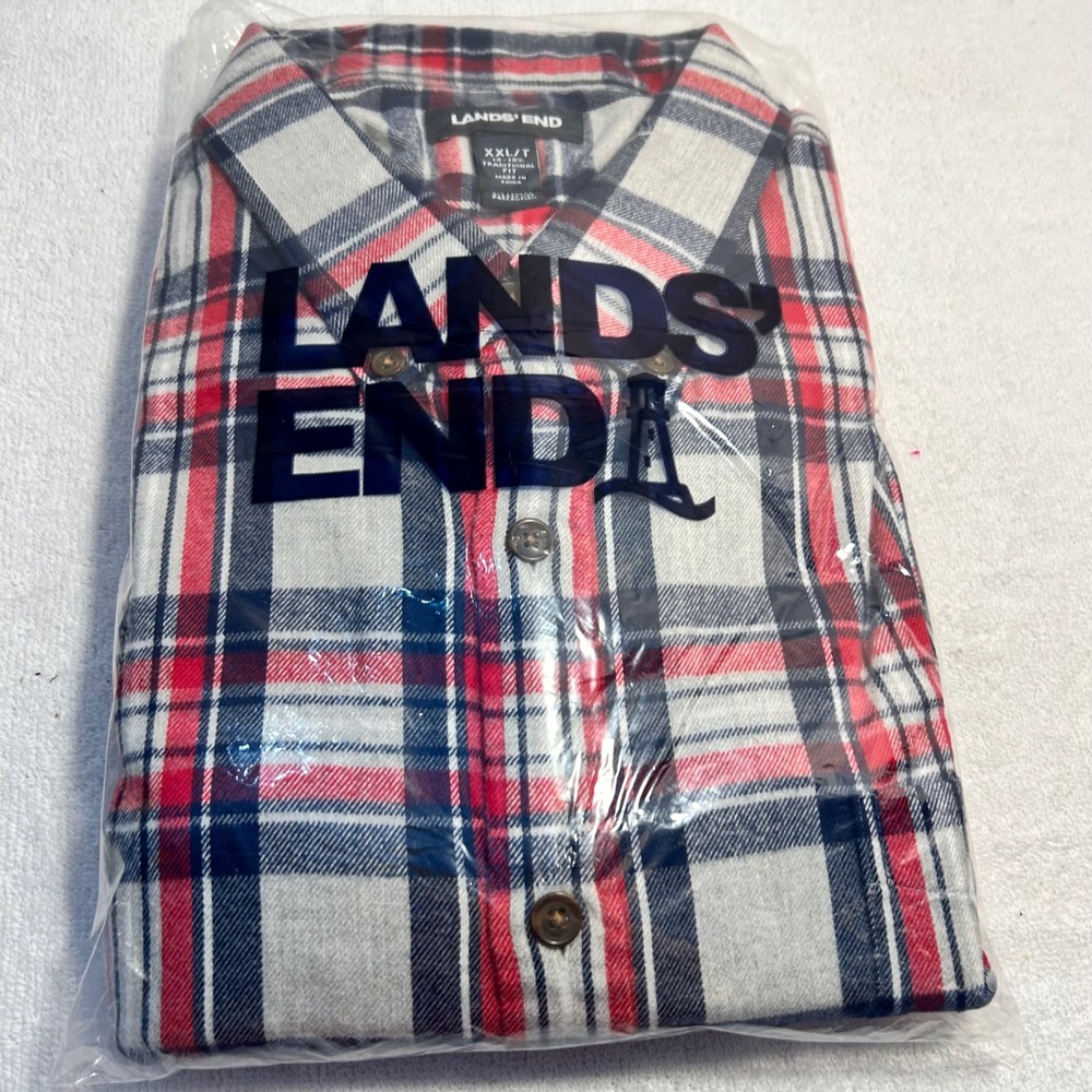 Lands End Mens Flagship Flannel Plaid Shirt Red Navy White XXLT 462036